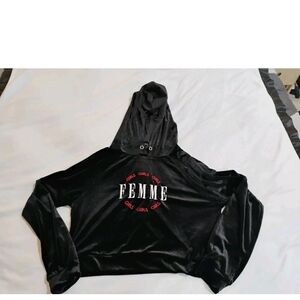 Forever 21 Black Velvet Hoodie with Red and White Accents